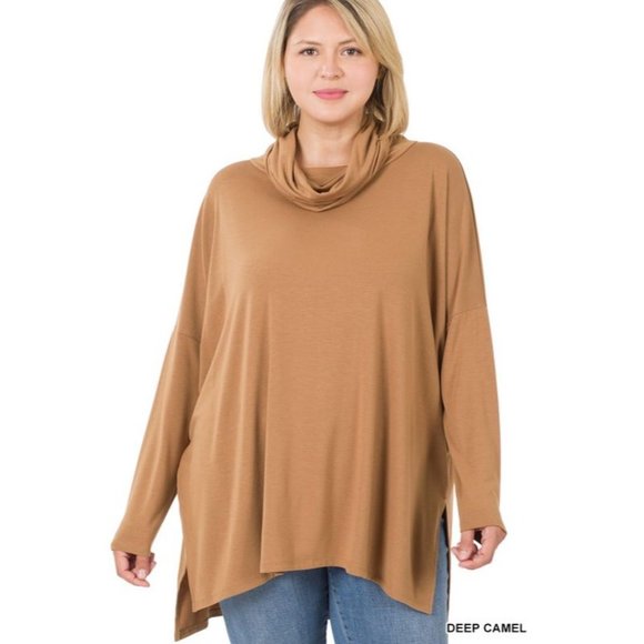 Plus Size Oversized Side Slit Cowl Neck Long Sleeve Top - Picture 1 of 4